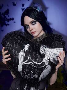 Corpse Bride | ROMWE 1入組字母骨架圖形心形設計裝飾枕頭，深色抱枕