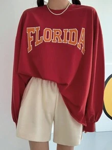DAZY Letter Graphic Drop Shoulder Oversized Pullover,Fall Clothes Sweatshirt - Red - View 4