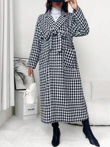 SHEIN Maternity Houndstooth Print Drop Shoulder Belted Coat - Black and White - View 5