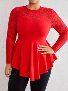 SHEIN Privé Plus Contrast Lace Peplum Tee - Red - View 5