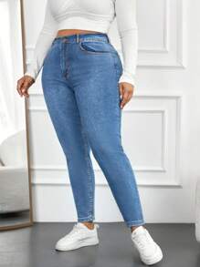 SHEIN Cottnline Plus Zipper Fly Skinny Jeans - Medium Wash - View 3