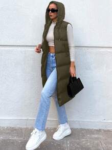 EURMUSE Zip Up Hooded Puffer Vest Coat - Army Green - View 6