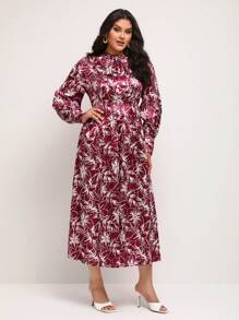 Anis Illustration Artist Plus 全身印花系带缎面优雅连衣裙，适合假期、度假、节日 - 玫紅色 - 查看 5