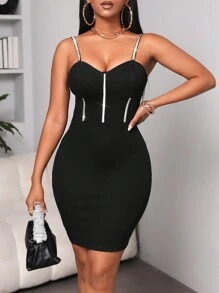 SHEIN SXY Glitter Detail Zip Front Cami Bodycon Denim Dress - Black - View 4