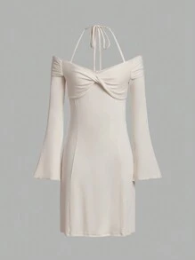 SHEIN MOD Solid Twist Front Halter Neck Flounce Sleeve Dress - Apricot - View 1