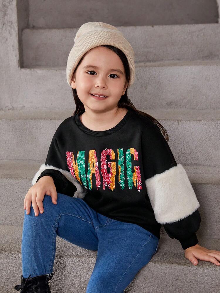 Young Girl Letter Graphic Contrast Teddy Lantern Sleeve Sweatshirt,In Fall/Winter