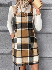 SHEIN LUNE 格紋印花雙口袋背帶洋裝無毛衣 - 彩色 - 查看 1