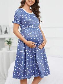 SHEIN Maternity Heart Print Lace Trim Puff Sleeve Ruffle Trim Nightdress - Multicolor - View 4