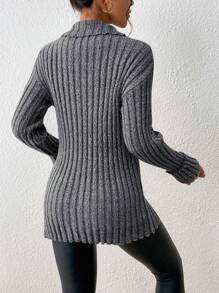 SHEIN Frenchy Half Zip Split Hem Drop Shoulder Sweater In Fall/Winter Black Casual - Black - View 2