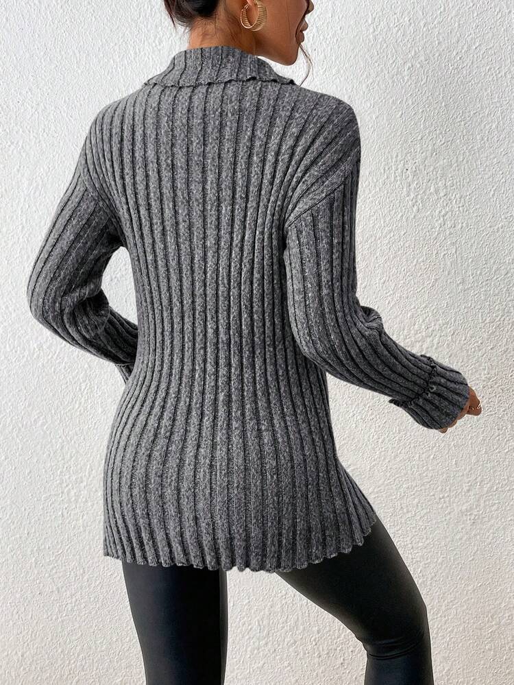 Half Zip Split Hem Drop Shoulder Sweater In Fall/Winter Black Casual