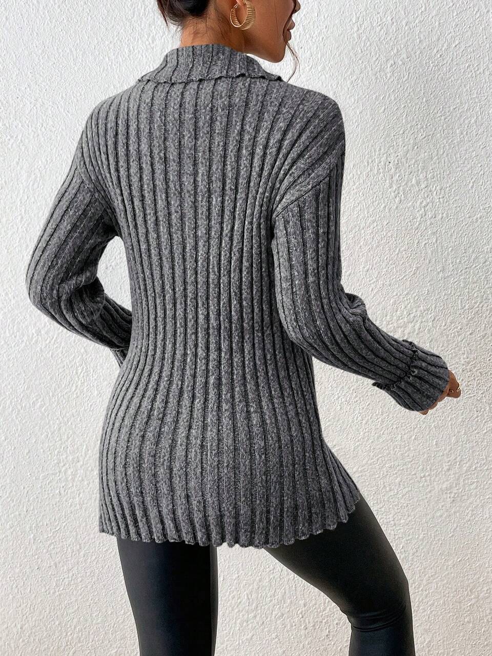 Half Zip Split Hem Drop Shoulder Sweater In Fall/Winter Black Casual
