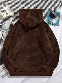 Manfinity Homme 男士圖案刺繡袋鼠口袋毛絨帽衫 - 棕色 - 查看 2