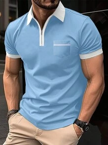 Manfinity Homme 男士大码拼接邊POLO衫 - 淺藍色 - 查看 1