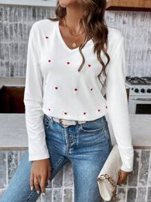 SHEIN Frenchy Áo thun cổ chữ V thêu hình trái tim - Đỏ và trắng - Xem 5