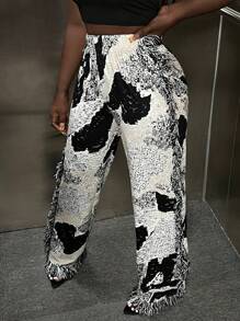 Slaydiva Graphic Print Fringe Trim Pants - Multicolor - View 5