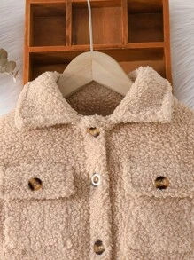 SHEIN 女小童1入組翻蓋口袋落肩袖絨毛外套 - 卡其色 - 查看 7
