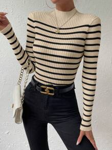 Chiquease Randigt mönster Mock Neck tröja, långärmade toppar - Aprikos - Visa 6