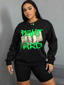 SHEIN EZwear Áo nỉ nữ cỡ lớn tối giản thông thường có in chữ, mùa thu/đông - màu đen - Xem 5