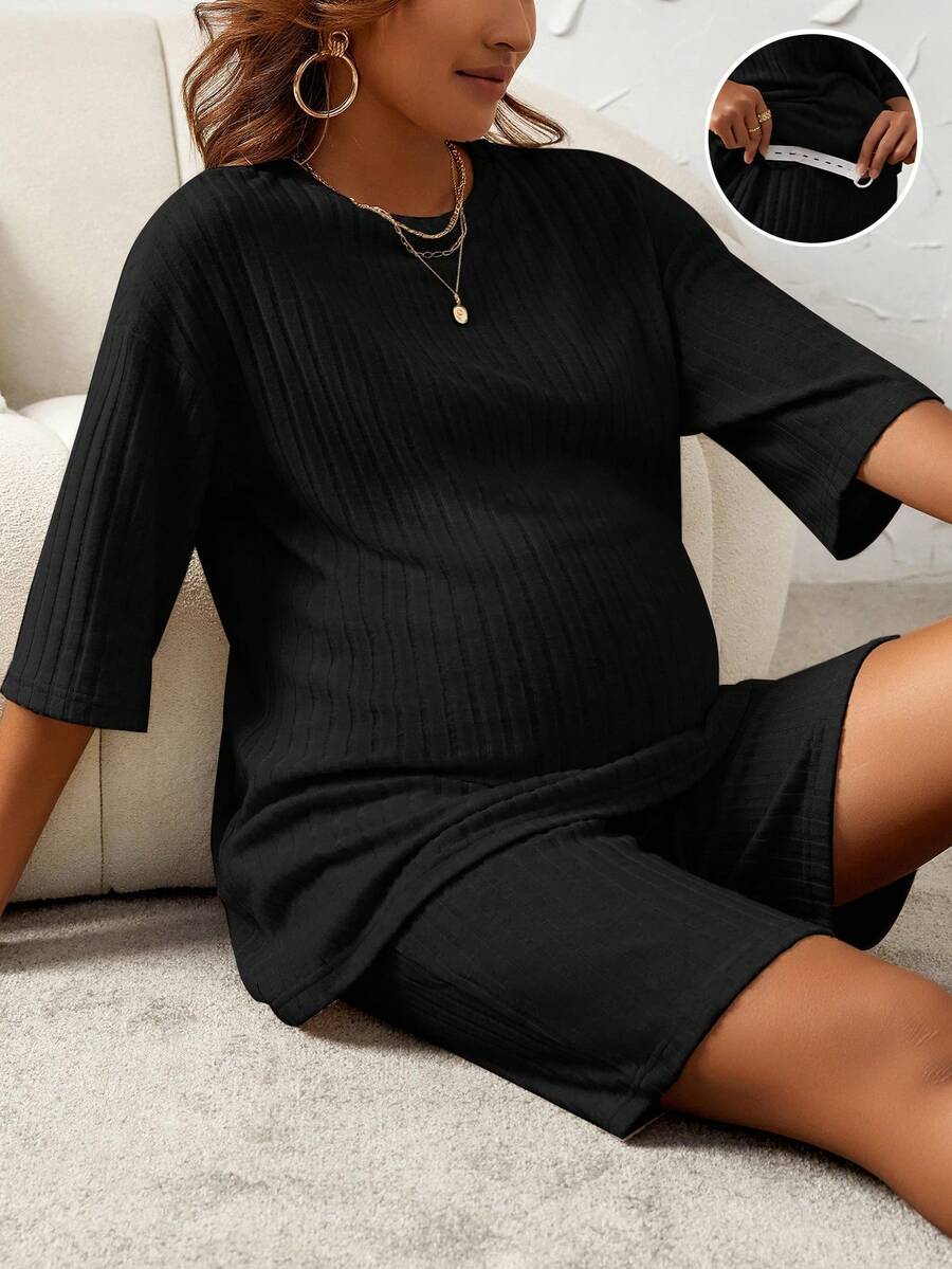 SHEIN Maternity Solid Drop Shoulder Tee & Adjustable Waist Shorts - Black - View 1