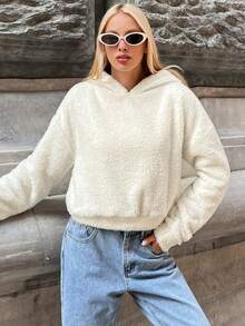 EURMUSE Solid Drop Shoulder Teddy Hoodie - White - View 2