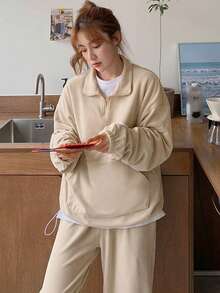 DAZY Half Zip Kangaroo Pocket Drop Shoulder Sweatshirt Without Tee - Apricot - View 4