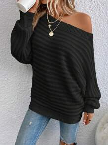 EMERY ROSE Asymmetrical Neck Batwing Sleeve Sweater,Ladies Spring/Fall Casual Asymmetrical Long Sleeve Regular Fit Black Batwing Sleeve Pullovers Women Sweaters,Long Sleeve Tops,Off The Shoulder Sweater - Black - View 4