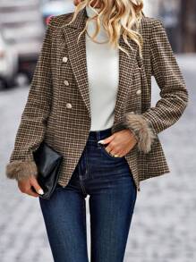 SHEIN Clasi 千鳥格印花毛茸茸袖口雙排釦西裝外套