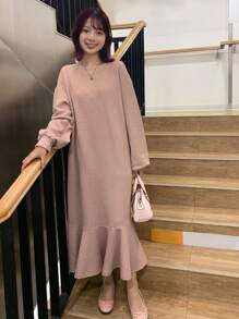 FRIFUL Solid Ruffle Hem Smock Dress,Fall Clothes - Khaki - View 5