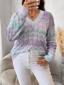 SHEIN Franclia Plus Ombre Drop Shoulder Pointelle Knit Sweater - Multicolor - View 4