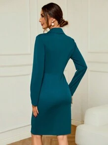 SHEIN Privé 翻領鈕扣細節褶皺裹身洋裝 - 藍色 - 查看 3