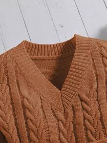 女小童麻花編織腰帶毛衣洋裝 - 棕色 - 查看 6