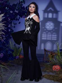 Corpse Bride | ROMWE Hình & Chữ Đồ họa Áo thun tay áo có vai lạnh - màu đen - Xem 6