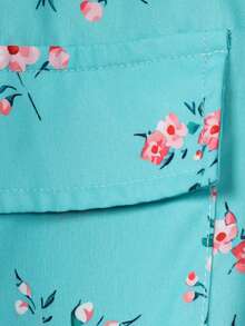 SHEIN Tween Girl Floral Print Fuzzy Trim Hooded Coat - Green - View 5