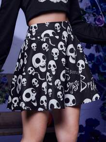 Corpse Bride | ROMWE 骷髏印花半身裙 - 黑與白 - 查看 1