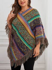 SHEIN LUNE 大碼段染流蘇邊斗篷毛衣