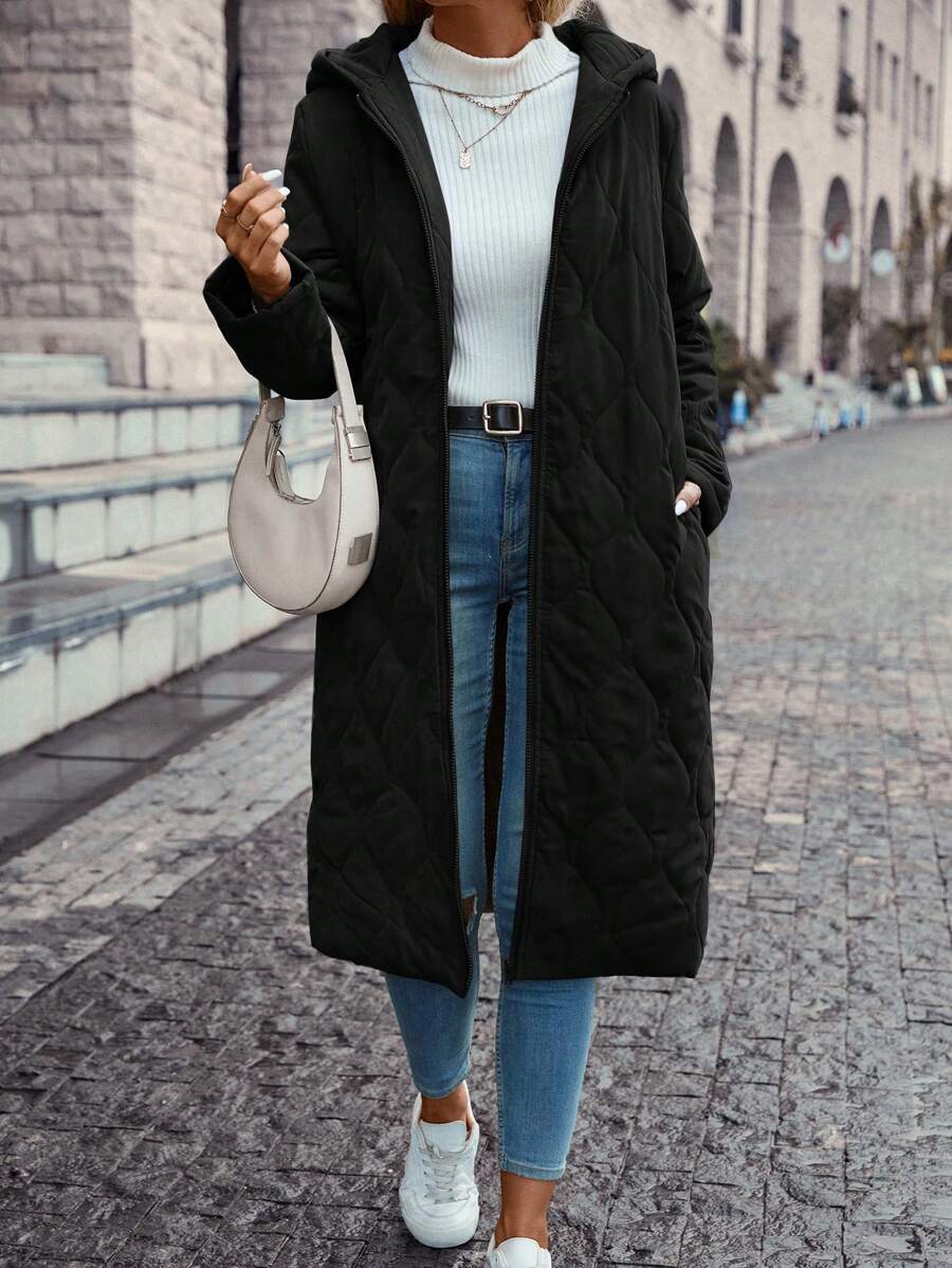 SHEIN LUNE Zip Up Hooded Longline Quilted Coat - Black - View 1