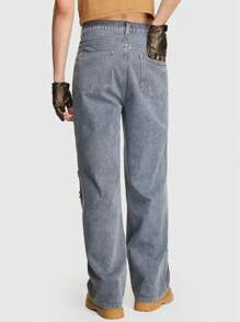 ROMWE MEN Grunge Punk Men Brushed Hollow Out Waist Straight Leg Jeans - Blue - View 3