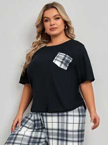Camiseta de pijama holgada con bolsillo estampado a cuadros para talla grande