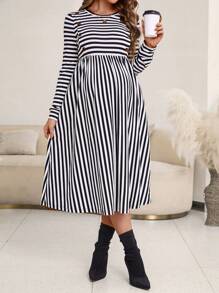 SHEIN Maternity Striped Print Dress - Black - View 5