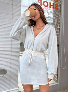 SHEIN Unity Zip Detailed Drawstring Waist Drop Shoulder Hoodie Dress - Grey - View 1
