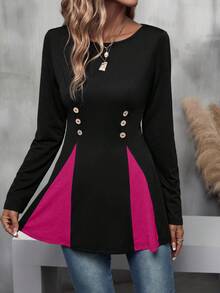 SHEIN LUNE 拼色纽扣细节 T 恤 图案 T 恤 女士上衣 - 彩色 - 查看 3