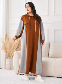 Mulvari Plus Colorblock Flap Detail Drawstring Hooded Sweatshirt Dress Graduation,Back To School Outfits,Graduation,Teacher Outfits For Women,Back To School Pullover Fall Outfit Winter Autumn - Multicolor - View 6