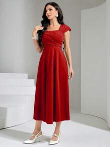 Modelyn Solid Square Neck A-Line Dress For New Year Clothes Maxi Women Outfit - Red - View 4