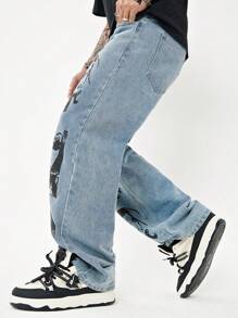 Manfinity LEGND 寬鬆男士人體印花直筒牛仔褲 - 藍色 - 查看 5