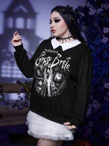 Corpse Bride | ROMWE Talla grande Sudadera con estampado de letra y figura de cuello en contraste de hombros caídos - Negro - Ver 3