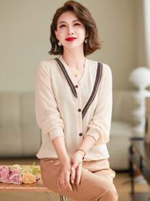 條紋飾邊前紐扣T恤 - 米色 - 查看 1