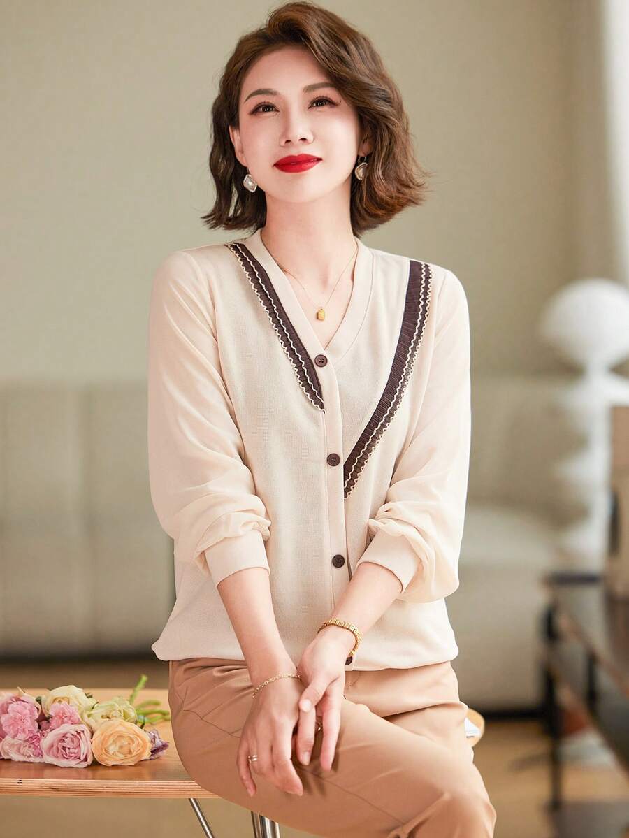 條紋飾邊前紐扣T恤 - 米色 - 查看 1