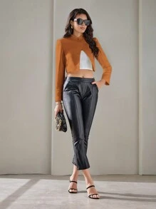 SHEIN Privé Solid Button Front Crop Jacket - Brown - View 5