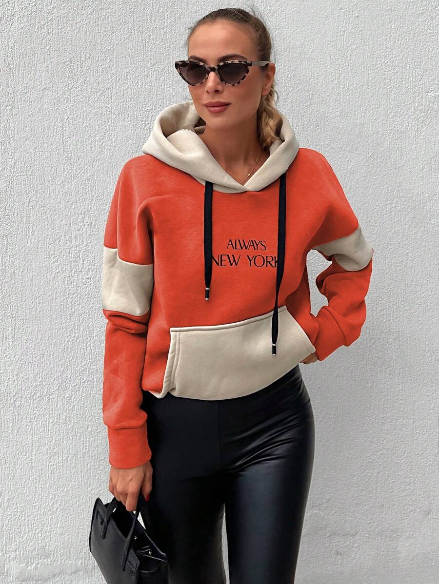 EURMUSE Letter Graphic Colorblock Kangaroo Pocket Drop Shoulder Drawstring Hoodie - Orange - View 1