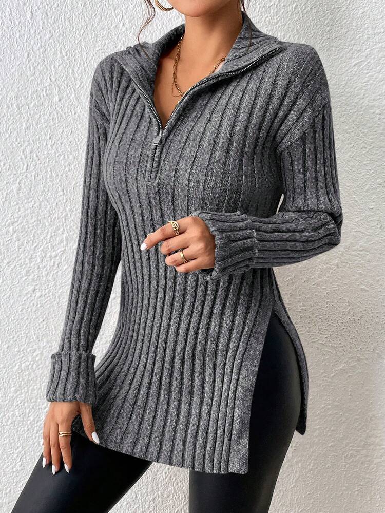 Half Zip Split Hem Drop Shoulder Sweater In Fall/Winter Black Casual
